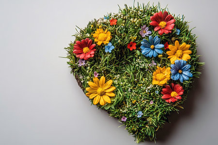A creative heart-shaped arrangement features fresh grass and various colorful flowers. The display is brightening up an indoor space with a joyful spring vibe and lively colors.の写真素材