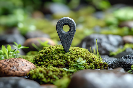 A location marker rests on lush green moss surrounded by smooth pebbles, showcasing a serene and vibrant natural environment. The scene captures the essence of nature's tranquility.の写真素材