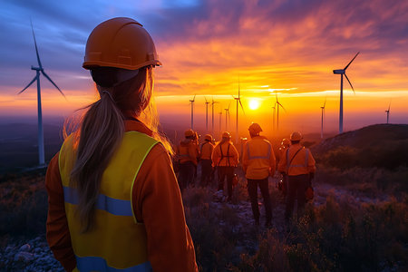 A group of workers wearing safety gear watches a vibrant sunset behind wind turbines. The scene...
