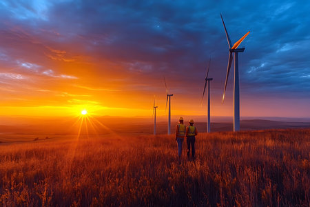 Two workers stand together on a grassy hill, gazing at the sunset illuminating rows of wind turbines. The sky is filled with shades of orange and blue, creating a stunning backdrop.の写真素材