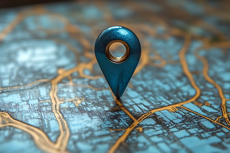 A vibrant blue location marker is positioned on a colorful city map, highlighting intricate street patterns. The background features a blend of blue and gold hues, creating an engaging visual.の写真素材