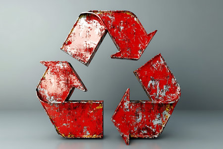A weathered recycling symbol in red is showcased against a gray background, emphasizing the importance of sustainability and eco-friendly practices. The symbol's texture shows signs of wear.の写真素材
