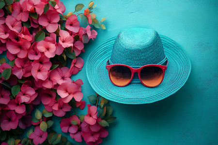 A vibrant turquoise background features a straw hat with pink sunglasses and lush pink flowers. This setting captures the essence of summer fun and a relaxed atmosphere.の写真素材