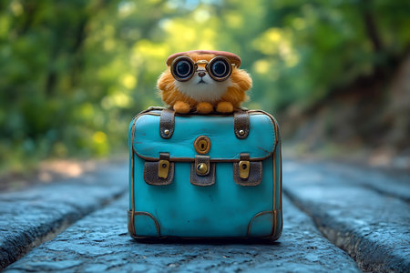 A furry creature is sitting atop a vintage blue suitcase. The scene is set on a scenic path surrounded by vibrant green foliage, suggesting a playful travel vibe.の写真素材