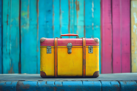 A vintage yellow suitcase with a red top sits on a surface, contrasting beautifully against a colorful wooden wall.の写真素材