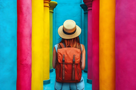 A traveler gazes at bright columns of various colors in a lively alleyway during a summer day. The person's backpack and straw hat add to the cheerful ambiance of the location.の写真素材