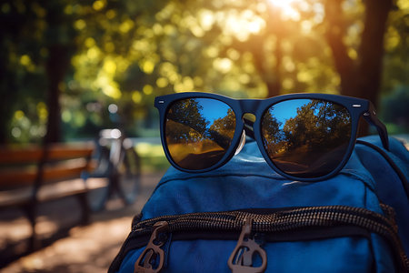 Sunglasses are placed on a blue backpack, capturing reflections of trees and sunlight in a tranquil park. The scene conveys a peaceful summer afternoon vibe.の写真素材