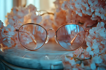 Elegant round glasses rest on a marble surface, framed by soft pink flowers. The gentle sunlight enhances the delicate details, creating a serene and inviting atmosphere.の写真素材