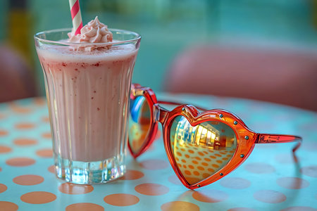 A refreshing strawberry milkshake topped with whipped cream sits next to vibrant heart-shaped sunglasses on a polka dot table. Bright colors enhance the cheerful atmosphere of the cafe.の写真素材