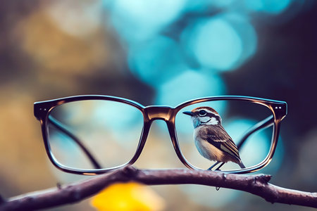 A small, colorful bird is perched on a branch, with a pair of eyeglasses framing the view. The setting features vibrant greenery and soft light, creating a peaceful atmosphere.の写真素材