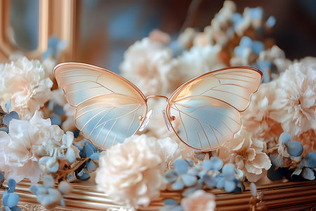 Delicate butterfly-shaped glasses are placed on a bed of soft flowers, reflecting gentle light. The colors create a serene atmosphere, enhancing the beauty of the floral display.の写真素材