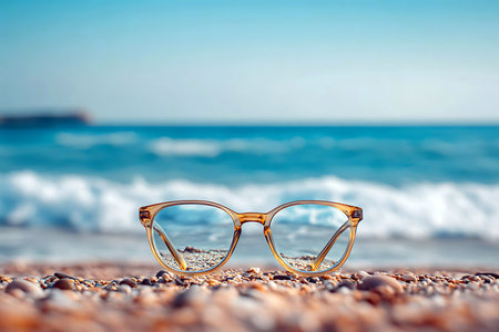 A pair of fashionable glasses are placed on a rocky beach, reflecting the clear blue ocean. The sun shines brightly, creating a relaxed atmosphere perfect for summer activities.の写真素材