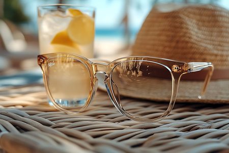 A pair of stylish sunglasses rests on a wicker table beside a refreshing glass of lemonade. A sunhat is nearby, suggesting a perfect summer getaway by the beach.の写真素材