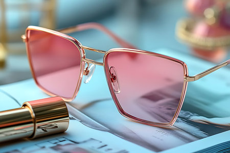 A pair of elegant pink sunglasses is positioned on a glossy magazine, surrounded by beauty products....