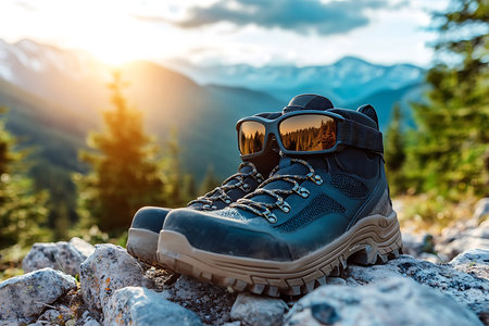 Sturdy hiking boots rest on rocky terrain with sunglasses placed on top, captured during a vibrant...