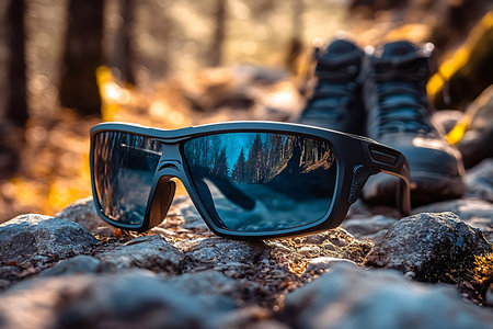 Sunglasses with blue lenses are positioned on rocky terrain, while a pair of hiking boots sits behind them. The scene is set in a natural environment with distant trees and sunlight filtering through.の写真素材