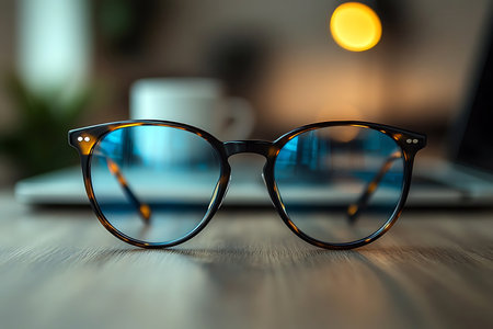Sunglasses with blue lenses rest on a wooden table. In the background, a blurred coffee cup and laptop create a cozy workspace atmosphere, capturing a moment of relaxed productivity.の写真素材