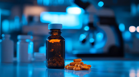 A brown glass bottle filled with capsules sits on a laboratory table, next to several scattered capsules. A microscope is blurred in the background, enhancing the scientific environment.