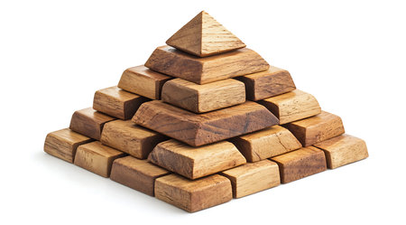 A carefully crafted wooden pyramid stands tall, composed of individual blocks of varying shapes and sizes.の写真素材