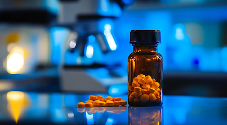 An amber bottle filled with yellow tablets rests on a lab table beside a microscope. The background features scientific equipment illuminated with blue lighting, suggesting a research environment.の写真素材