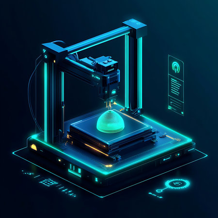 A cutting-edge 3D printer is expertly crafting a precise geometric shape within a sleek, modern...