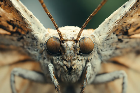 Moth with prominent eyes and intricate wing patterns rests on a surface, displaying its textured body and antennae in soft, ambient light. The detailed features are captivating and striking.の写真素材