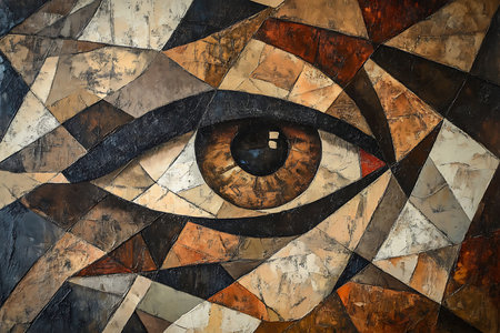An intricate representation of an eye is captured in a geometric style, featuring warm browns and earthy tones. The artwork employs various shapes to create depth and intrigue.の写真素材