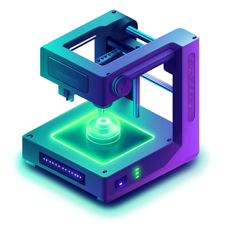 A state-of-the-art 3D printer is actively working on a translucent design in a bright workshop setting. Soft neon lights illuminate the workstation, showcasing advanced technology and innovation.の写真素材