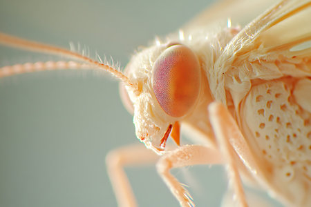 This close-up showcases a delicate insect with intricate eye patterns and detailed body textures. The light highlights its features, revealing the beauty of micro-life in nature.の写真素材