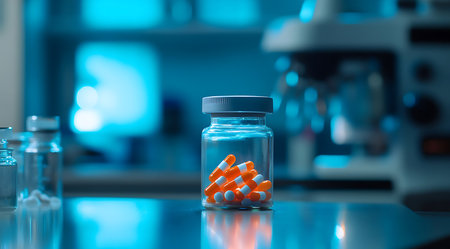 A glass jar filled with orange and white capsules rests on a lab table. Nearby, various bottles and laboratory equipment create a focused atmosphere for scientific research during the day.の写真素材