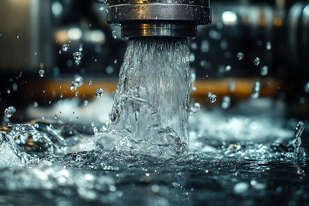 Water pours vigorously from a faucet into a metal sink, creating splashes and ripples. The...