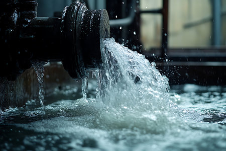 Water is actively pouring from a metal pipe into a large reservoir, generating bubbles and ripples...