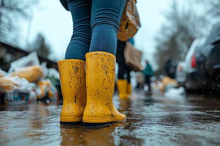 Rain falls steadily on a city street as individuals navigate puddles in bright yellow rubber boots. The atmosphere is lively yet damp, with reflections visible on the wet ground.の写真素材