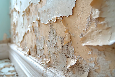 The surface of an old wall shows extensive peeling paint, revealing layers of texture and color...