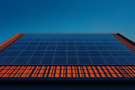 Bright solar panels are installed on a sloped roof, efficiently harnessing sunlight for renewable energy. The sky is clear and blue, showcasing a perfect day for energy production.の写真素材