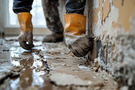 A person wearing rubber gloves and orange boots is carefully removing damaged material from a wall....