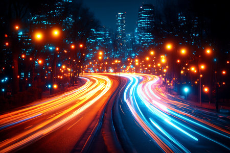 Colorful light trails from cars create dynamic lines on a road, contrasting with the sleek skyline...