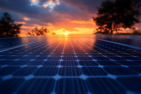 Rows of solar panels catch the fading light of a stunning sunset, reflecting vibrant colors in the...