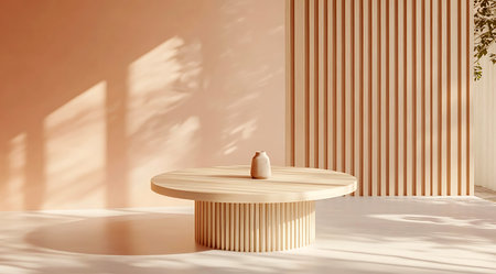 Bright and airy space showcases a round wooden table with a smooth surface, complemented by a simple vase. Soft natural light casts gentle shadows on the pastel pink walls and floor.の写真素材