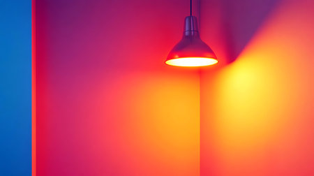 A stylish lamp casts warm light on two intersecting walls, creating vivid gradients of orange and purple. This inviting corner showcases modern design and artistic ambiance, perfect for relaxation.の写真素材