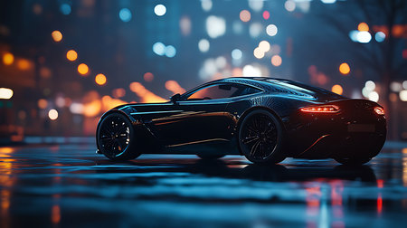 A stylish black sports car sits on a wet street, reflecting vibrant city lights. The urban backdrop showcases colorful bokeh and creates an energetic nightlife atmosphere.の写真素材