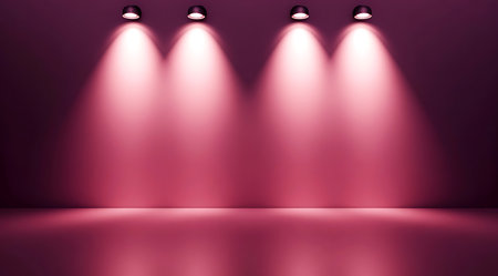 Soft pink walls illuminated by three overhead lights create an inviting atmosphere perfect for events. The reflective surface adds depth, enhancing the overall aesthetic appeal.の写真素材