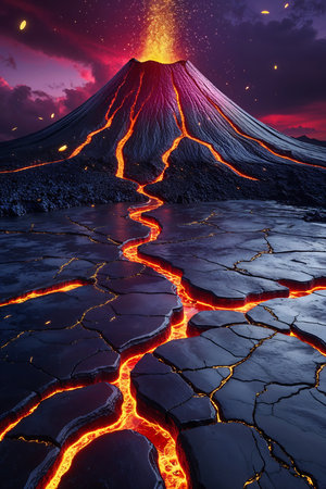 A powerful volcanic eruption fills the night sky with fiery orange and red lava, illuminating the...
