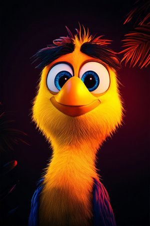 A bright yellow animated bird with large blue eyes displays a joyful expression against a dark background. Tropical leaves frame the vivid character, enhancing its playful charm.の写真素材