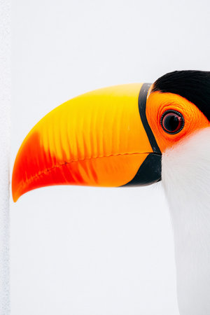 A toucan perched against a white background highlights its large, colorful beak and expressive eye. The vivid colors of its beak stand out prominently, captivating attention.の写真素材