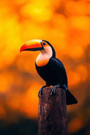 A toucan with a striking yellow and orange bill stands atop a weathered wooden post. The background is filled with warm orange hues, suggesting a sunset in a lush forest environment.の写真素材