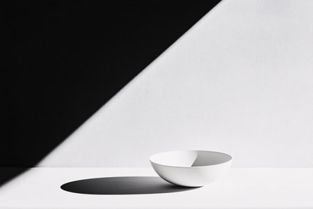 A white, round bowl is positioned on a flat surface, creating a striking contrast against a deep black shadow. The composition highlights the interplay of light and shadow in a minimalist setting.の写真素材