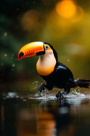 A toucan with a striking yellow and black beak splashes playfully in shallow water during sunset....