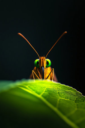 A butterfly with striking green eyes perches on a vibrant green leaf. The dark backdrop highlights the intricate details of its wings and the texture of the leaf, creating a captivating view.の写真素材