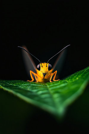 A bright yellow insect with large eyes rests on a vibrant green leaf, showcasing its wings in a poised position. The dark background emphasizes the vivid colors and details of the subject.の写真素材